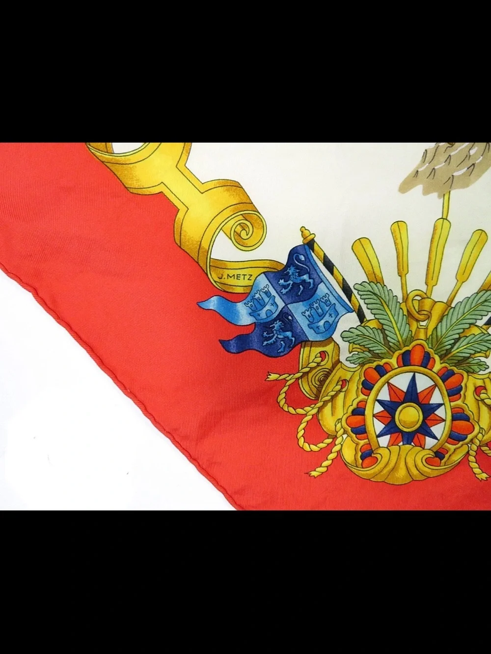 Hermes Silk Scarf Red, Cream, Gold, Blue